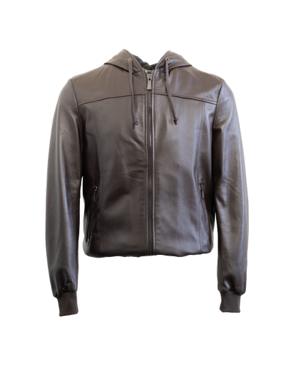 Veste en cuir à capuche marron