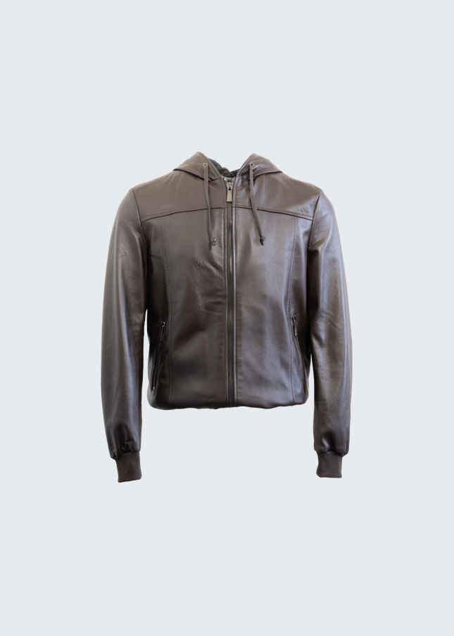 Veste en cuir à capuche marron