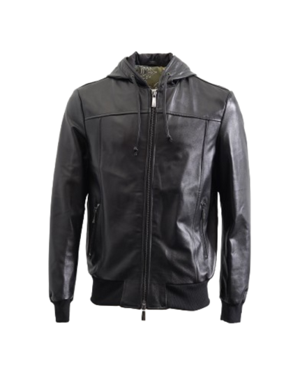 Veste en cuir à capuche noire