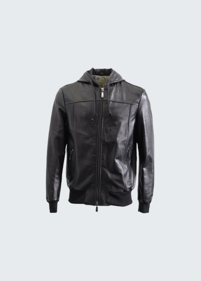 Veste en cuir à capuche noire